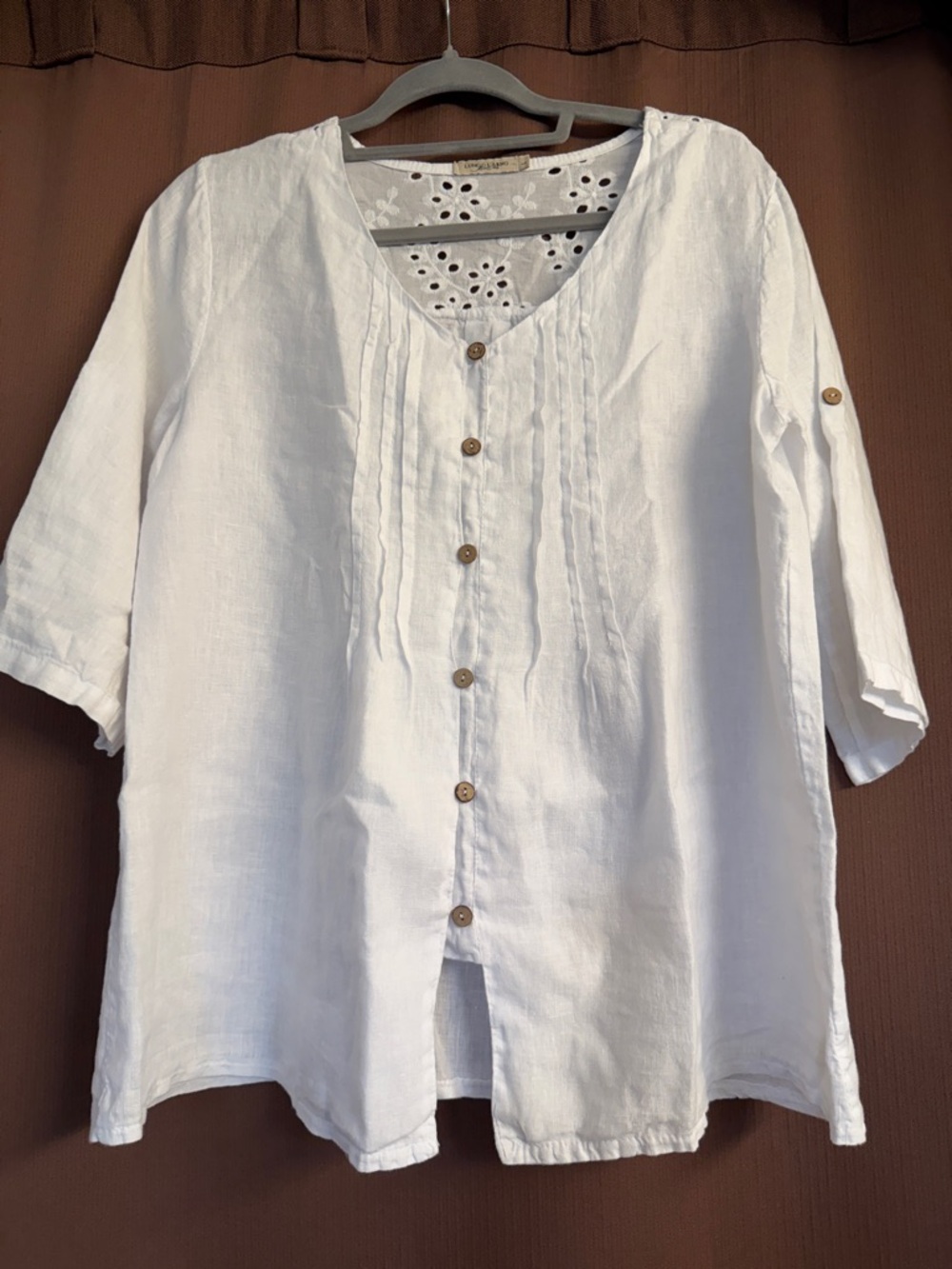 Women’s White Linen Button-Front Blouse with Eyelet Yoke